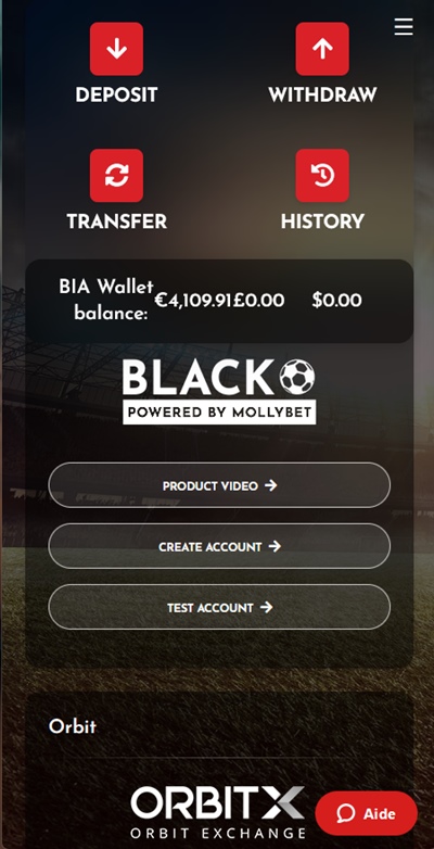 Vue de l'app ou l'on peut voir l'accès à BLACK et OrbitX
