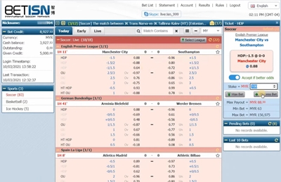 Interface de BETisn, page sports
