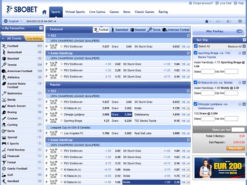 Interface de paris de SBObet sur ordinateur
