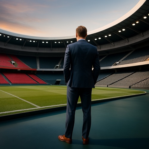 Un homme en costume devant un stade qui cherche à reconnaître un bookmaker fiable
