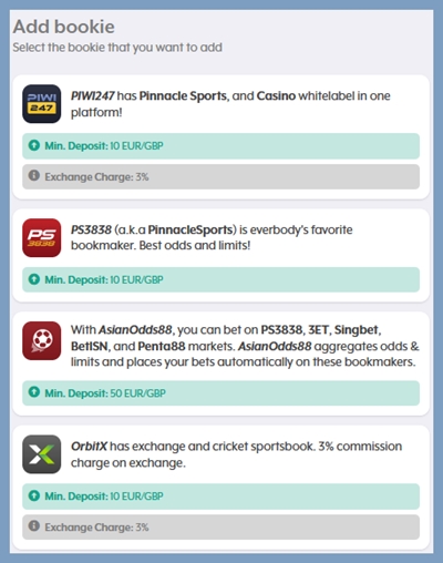 La liste des bookmakers que j'ai pu tester via Asianconnect